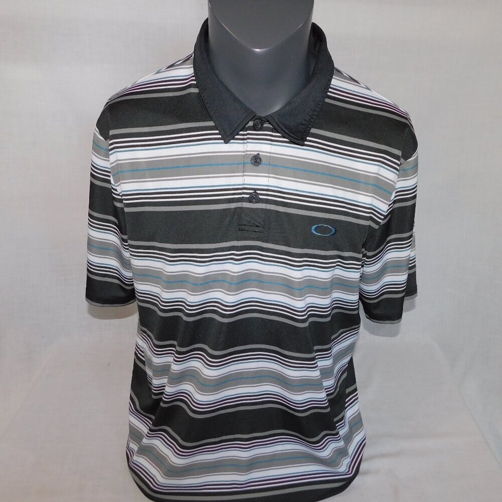 Oakley Black White Gray Blue Striped Golf Polo Shirt  mens XL